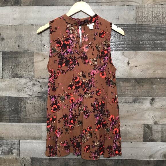 Mossimo Floral Tiered Tank Top Brown Blouse Choker Cutout Fairy Preppy Size S - Picture 1 of 9